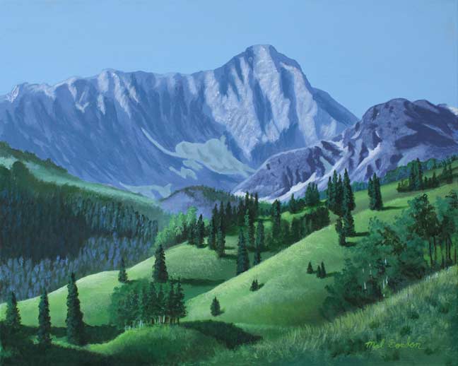 A painting depicting Capitol Peak in Colorado with a rolling meadow and trees in the foreground.